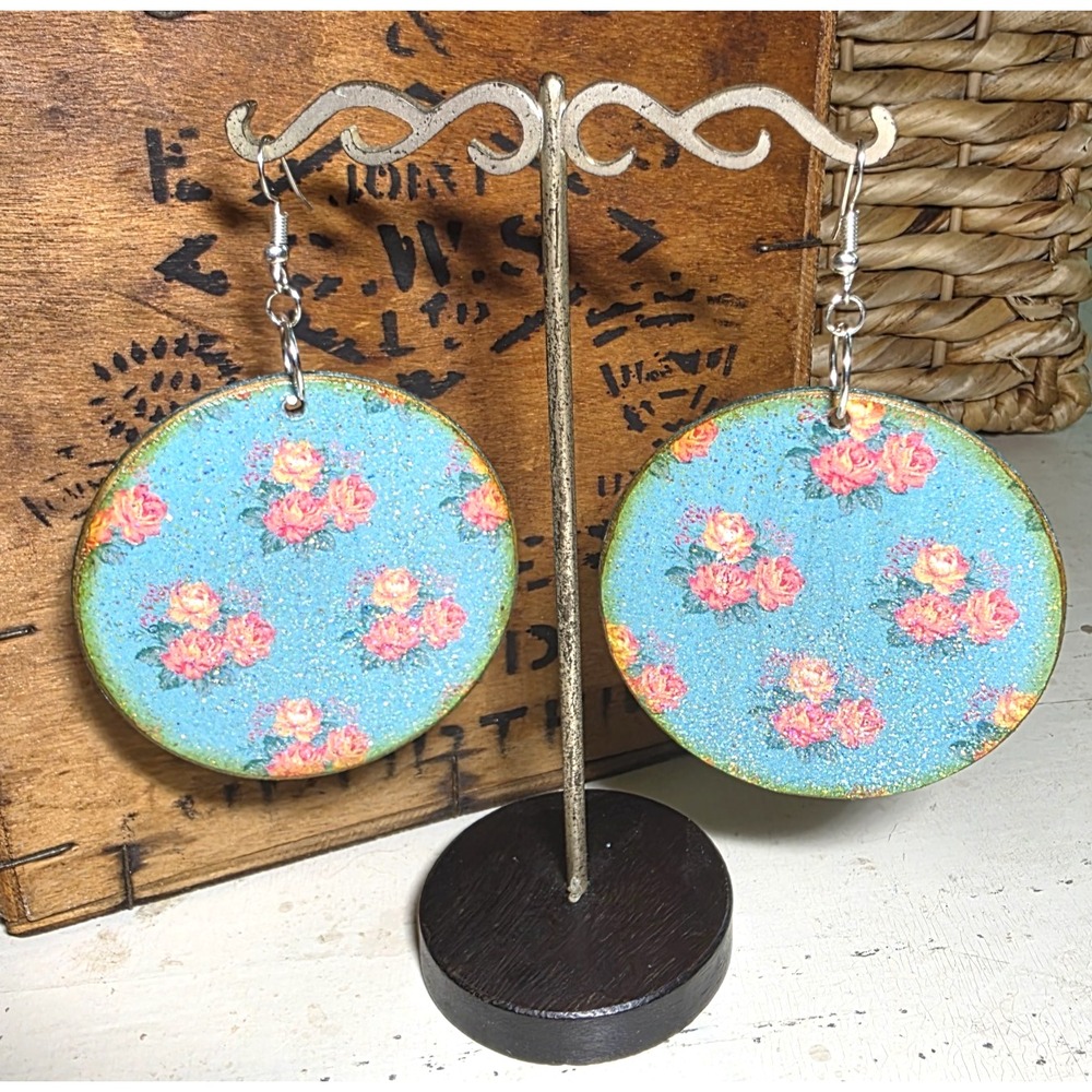 Handmade OOAK Double Sided‎ Wood Round Earrings Blue Floral Cottagecore 2.25"